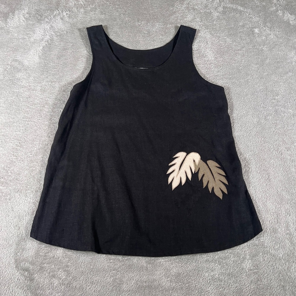 Linda G. Honolulu Tank Top XXS Black Linen Sleeveless Embroidered Palm Tree